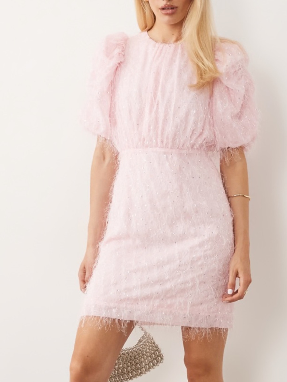 Pink mini with puff sleeve & shimmer dress